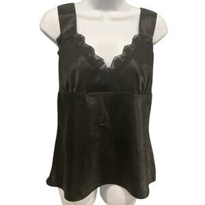 Vintage Womens Y2K Satin Babydoll Tank Black Tie Back Witchy Edwardian Victorian